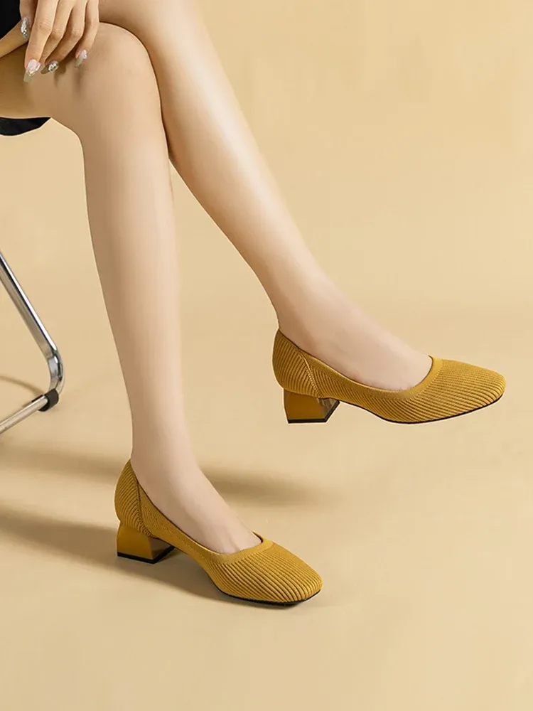 KENPOGEN ニットパンプス スクエアトゥ 4cmUP チャンキーヒール 疲れにくい 就活 通勤