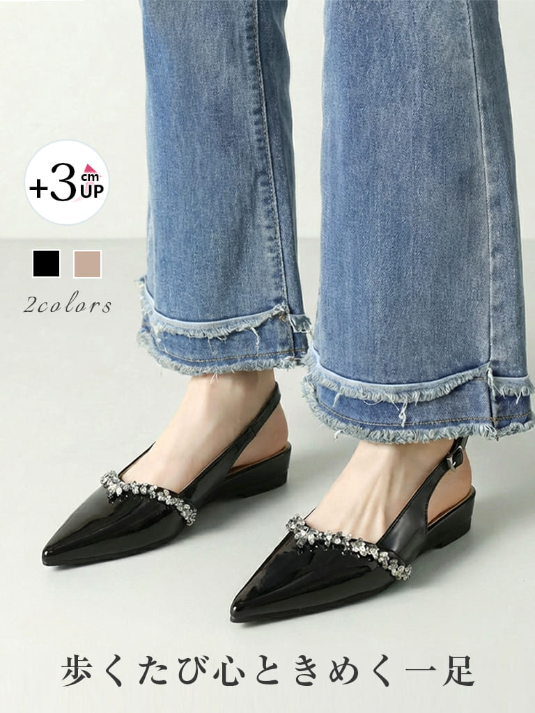 KENPOGEN バッグストラップミュール フラットシューズ 3cmUP ポインテッドトゥ ビジュー 痛くない