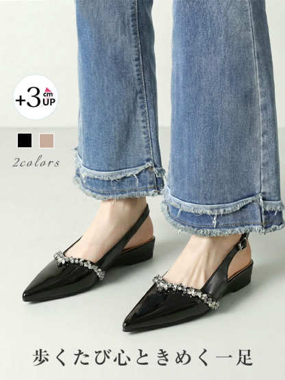 KENPOGEN バッグストラップミュール フラットシューズ 3cmUP ポインテッドトゥ ビジュー 痛くない