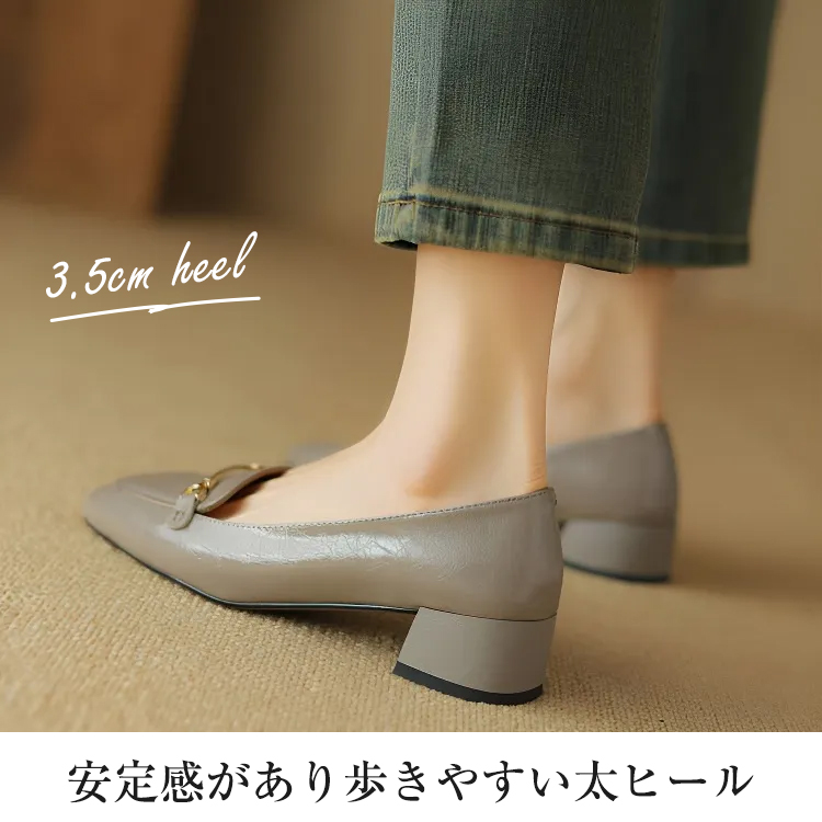 KENPOGEN ビットローファー 牛革 手作り スクエアトゥ 3.5cmチャンキーヒール 疲れにくい 通勤