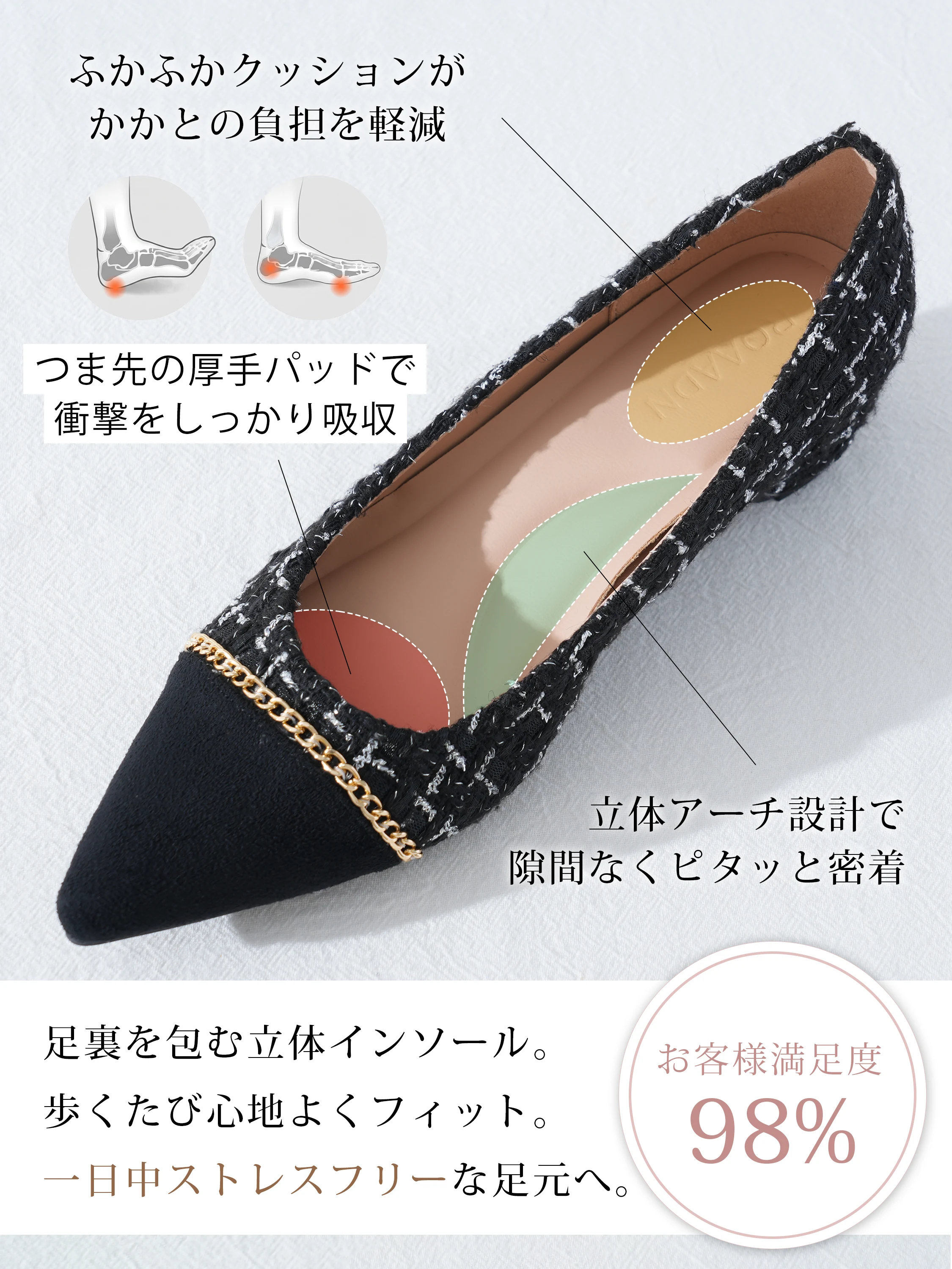 きれいめデザインの細部が見えるレディースパンプスで、秋冬のきれいめコーデに合う。