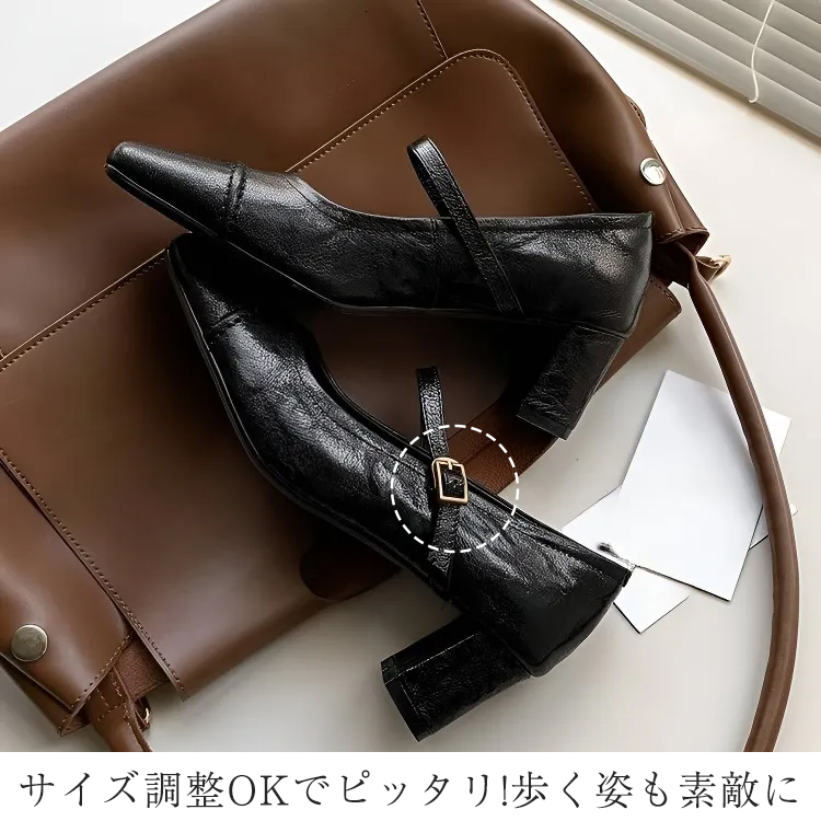 KENPOGEN 羊革パンプス メリージェーン靴 手作り 5.5cmUP 型押しレザー スクエアトゥ 通勤