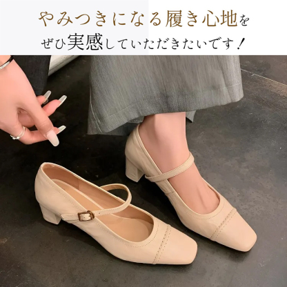 KENPOGEN 羊革パンプス メリージェーン靴 手作り 5.5cmUP 型押しレザー スクエアトゥ 通勤