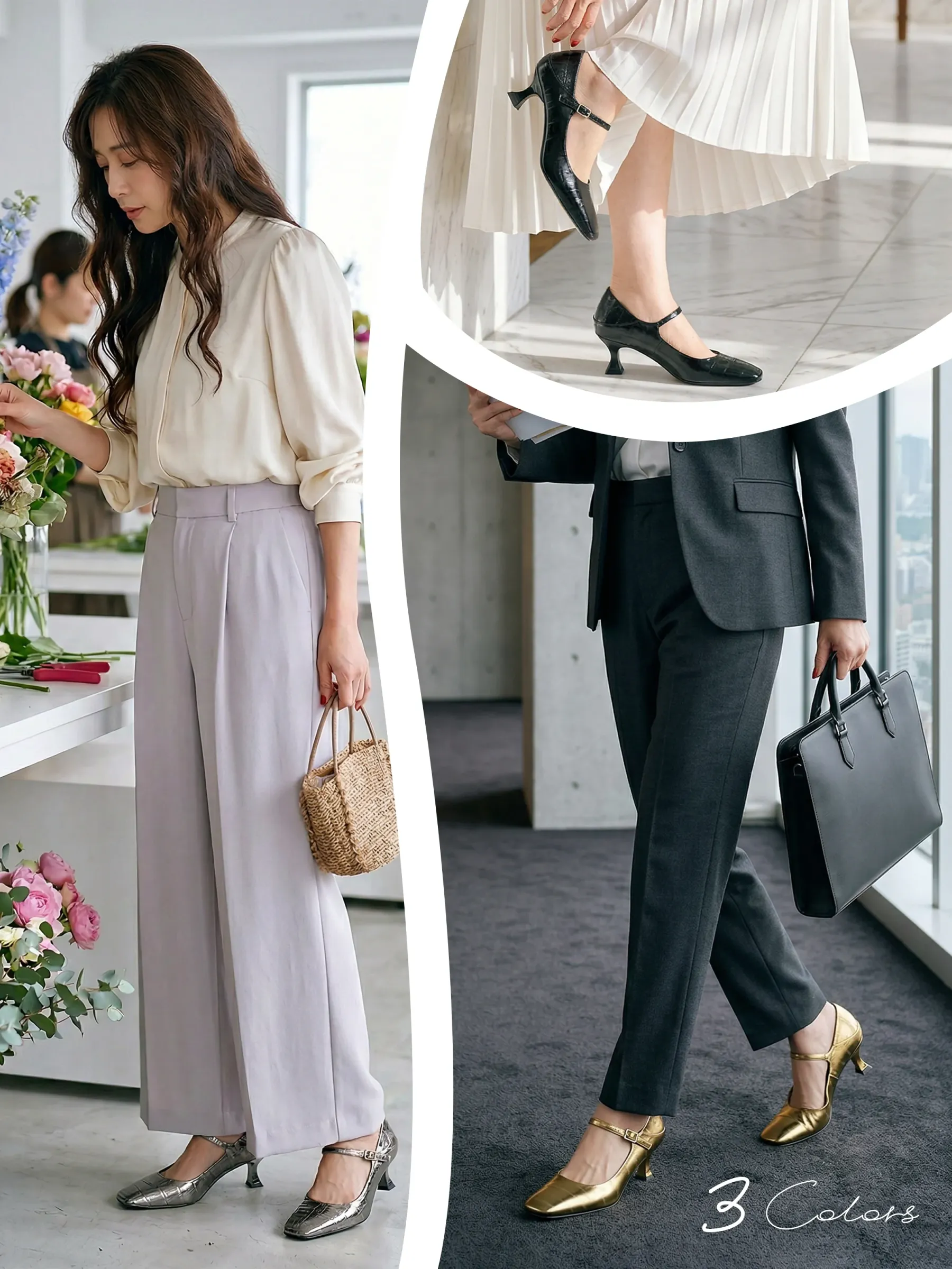 スクエアトゥ本革メリージェーンパンプス