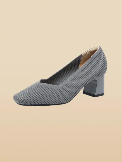 KENPOGEN ニットパンプス スクエアトゥシューズ 6cmUP チャンキーヒール Vカット 柔らかい 通勤