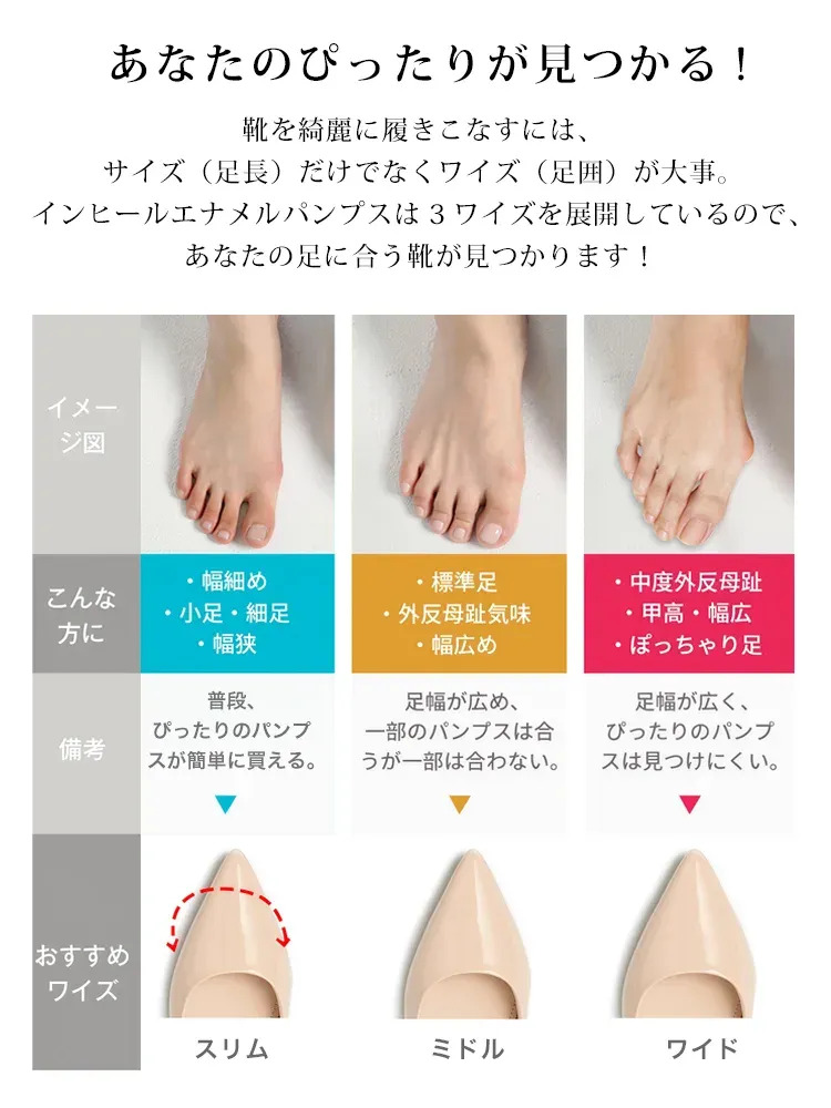 幅広 甲高 外反母趾 対応 パンプス ワイズ 選べる 3E スリム ミドル ワイド 足の悩み 痛くないサイズ選び つま先 ゆったり