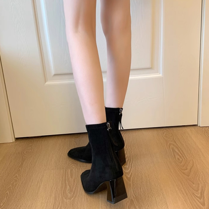 KENPOGEN ショートブーツ スクエアトゥ チャンキーヒール バックジッパー付き 5・7cmヒール エナメル調 スエード調 美脚 歩きやすい 通勤 お出かけ