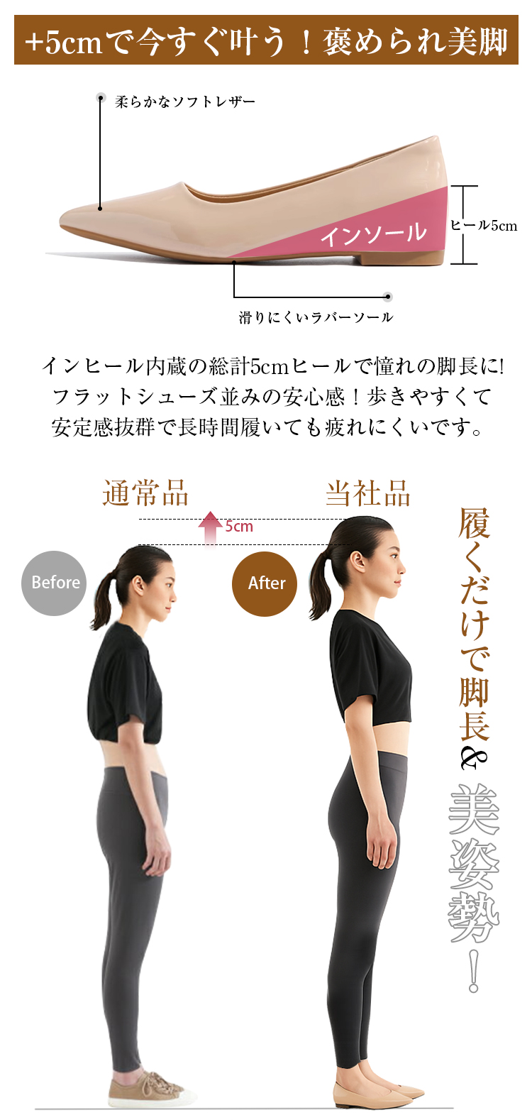 5cmアップで今すぐ叶う。褒められ美脚。柔らかなソフトレザー。ヒール5cm。滑りにくいラバーソール。インヒール内蔵の総計5cmヒールで憧れの脚長に。フラットシューズ並みの安心感。歩きやすくて安定感抜群で長時間履いても疲れにくいです。Before通常品　5cmアップ　After当社品、履くだけで脚長美姿勢。