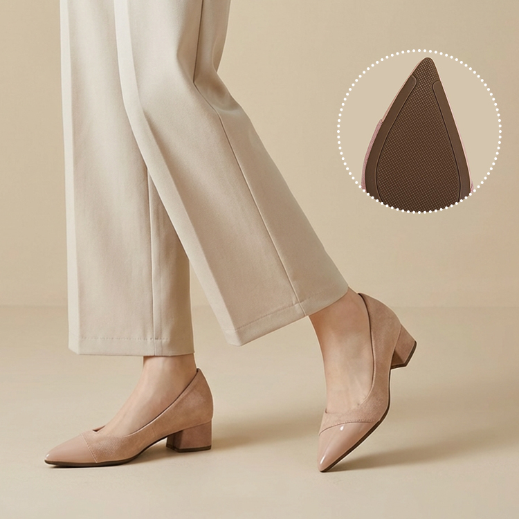 JL-KEN增高7cm拼接尖头粗跟浅口高跟鞋