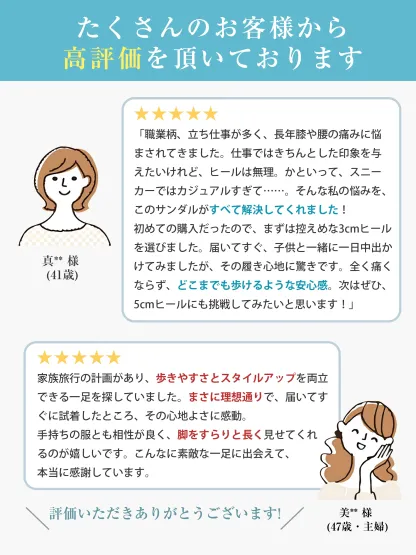 サンダル購入者の高評価レビュー。「立ち仕事の腰痛が楽になった」「歩きやすさとスタイルアップが両立できて理想的」など、3cmヒールと5cmヒールを選んだお客様の具体的な感想を紹介。