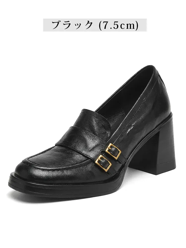 【安定感抜群・走れる太ヒール】KENPOGEN ダブルバックル ローファー 5cm 7.5cm 選べる高さ 痛くない 通勤 黒 スクエアトゥ