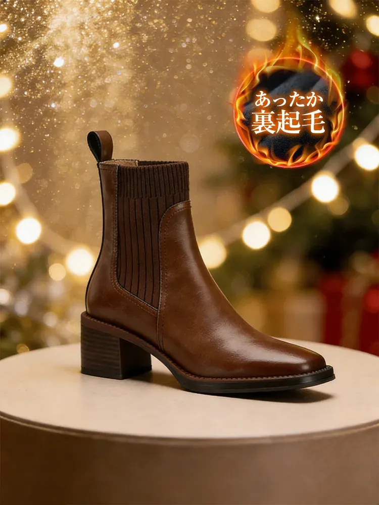 【今季の人気作】KENPOGEN ショートブーツ 本革 ニット 5.5cmヒール 履きやすい 疲れにくい 通勤 カジュアル