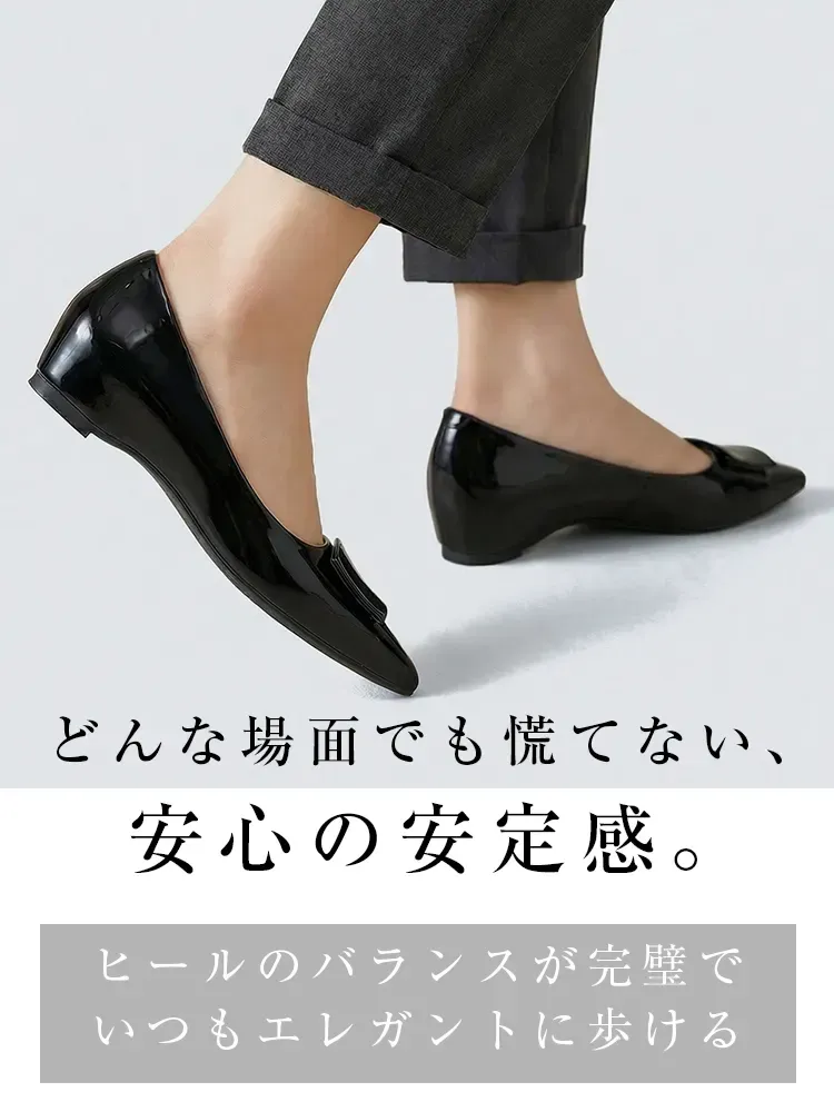 【上品な艶めき】KENPOGEN エナメルパンプス ポインテッドトゥ インヒール 4cmUP 痛くない 走れる 晴雨兼用 通勤 オフィス