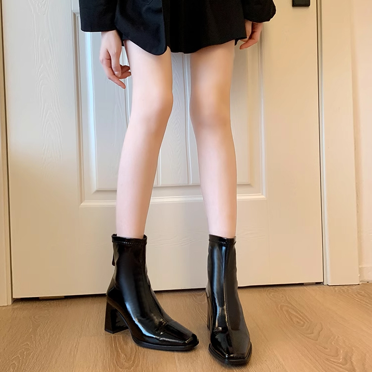 KENPOGEN ショートブーツ スクエアトゥ チャンキーヒール バックジッパー付き 5・7cmヒール エナメル調 スエード調 美脚 歩きやすい 通勤 お出かけ