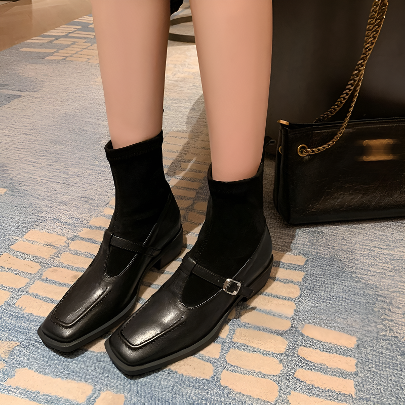 ベルトデザイン 異素材コンビ スクエアトゥショートブーツ