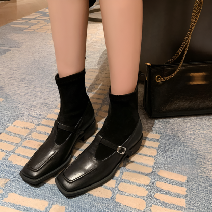 ベルトデザイン 異素材コンビ スクエアトゥショートブーツ