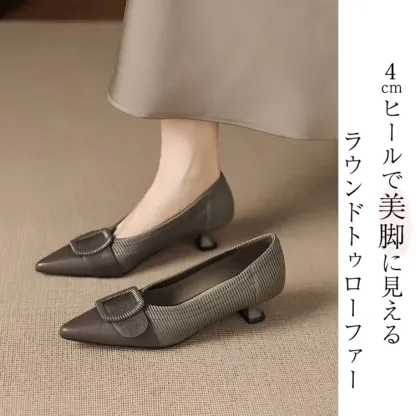 KENPOGEN バックルモチーフパンプス 羊革 手作り 4cmUP ポインテッドトゥシューズ 柔らかい 歩きやすい