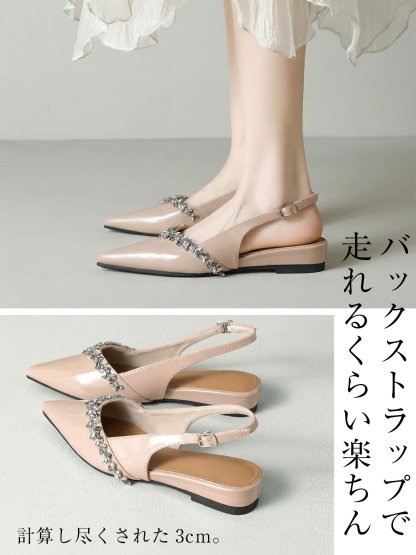 KENPOGEN バッグストラップミュール フラットシューズ 3cmUP ポインテッドトゥ ビジュー 痛くない