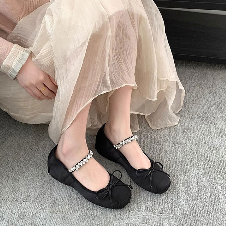 インヒール バレエシューズ レディース 羊革 4cm ヒール サテン　ブラック