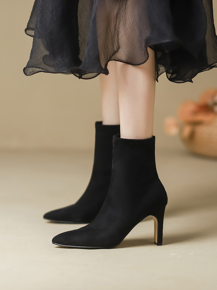 KENPOGEN ストレッチショートブーツ ポインテッドトゥ 6cmUP 歩きやすい 裏起毛 秋冬 通勤