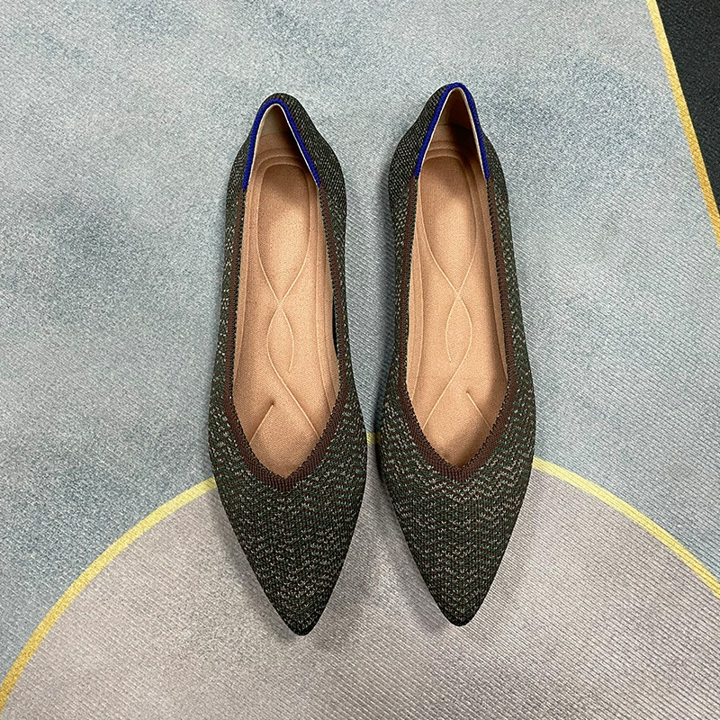 KENPOGEN ポインテッドトゥニットパンプス Vカット フラットシューズ 屈曲性抜群 歩きやすい 全10色展開 通勤 仕事