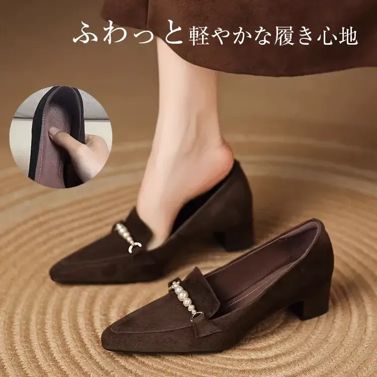 KENPOGEN ビット付きローファー 羊革 手作り ポインテッドトゥ 4cmUP パール飾り 歩きやすい