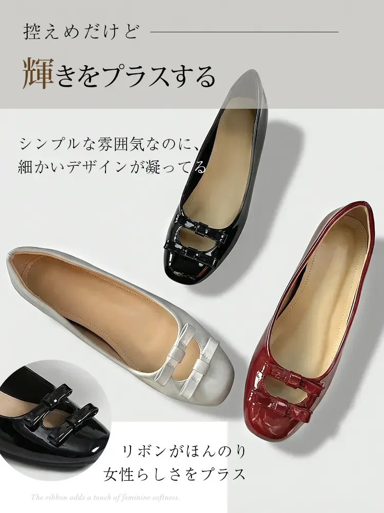 KENPOGEN ダブルリボンパンプス スクエアトゥシューズ インヒール 5cmUP エナメル 柔らか 通勤