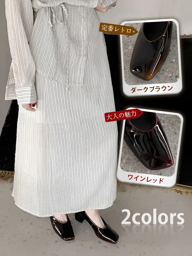 KENPOGEN グラデーションパンプス 羊革パンプス 5cmUP エナメル スクエアトゥ チャンキーヒール 通勤