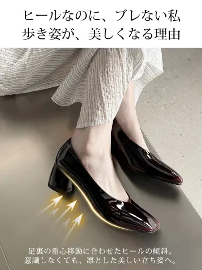 KENPOGEN グラデーションパンプス 羊革パンプス 5cmUP エナメル スクエアトゥ チャンキーヒール 通勤