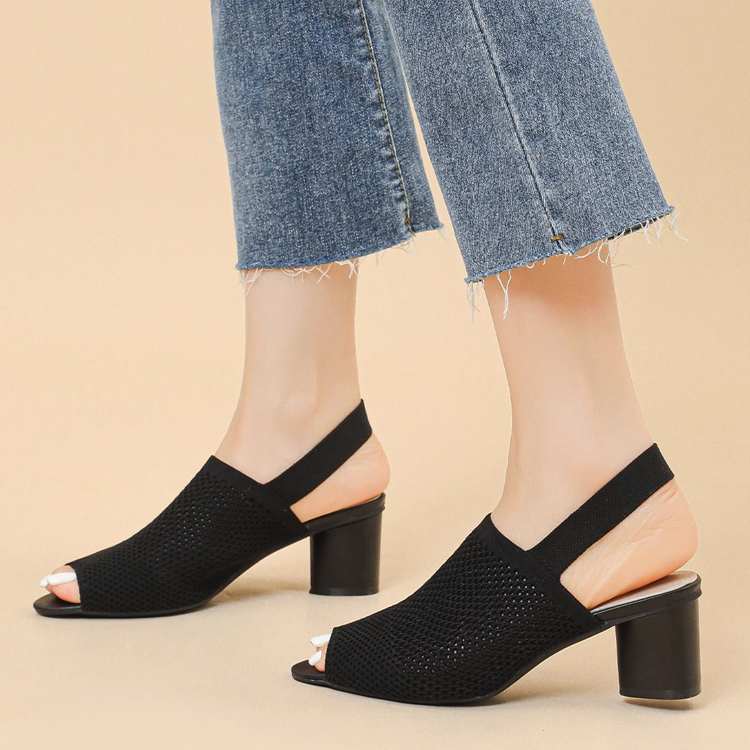 オープントゥメッシュチャンキーヒールサンダル