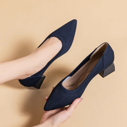 KENPOGEN ポインテッドトゥパンプス ニットパンプス 4cmUP チャンキヒール 走れる 柔らか