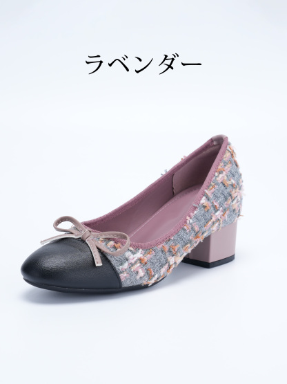 インヒール内蔵 異素材MIXリボンパンプス