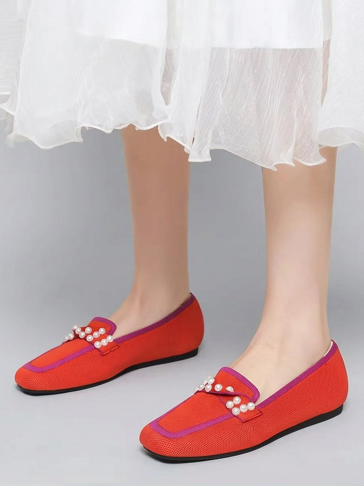 KENPOGEN ニットローファー スクエアトゥ パール飾り フラットシューズ 歩きやすい 滑りにくい 全6色展開 カジュアル オフィス