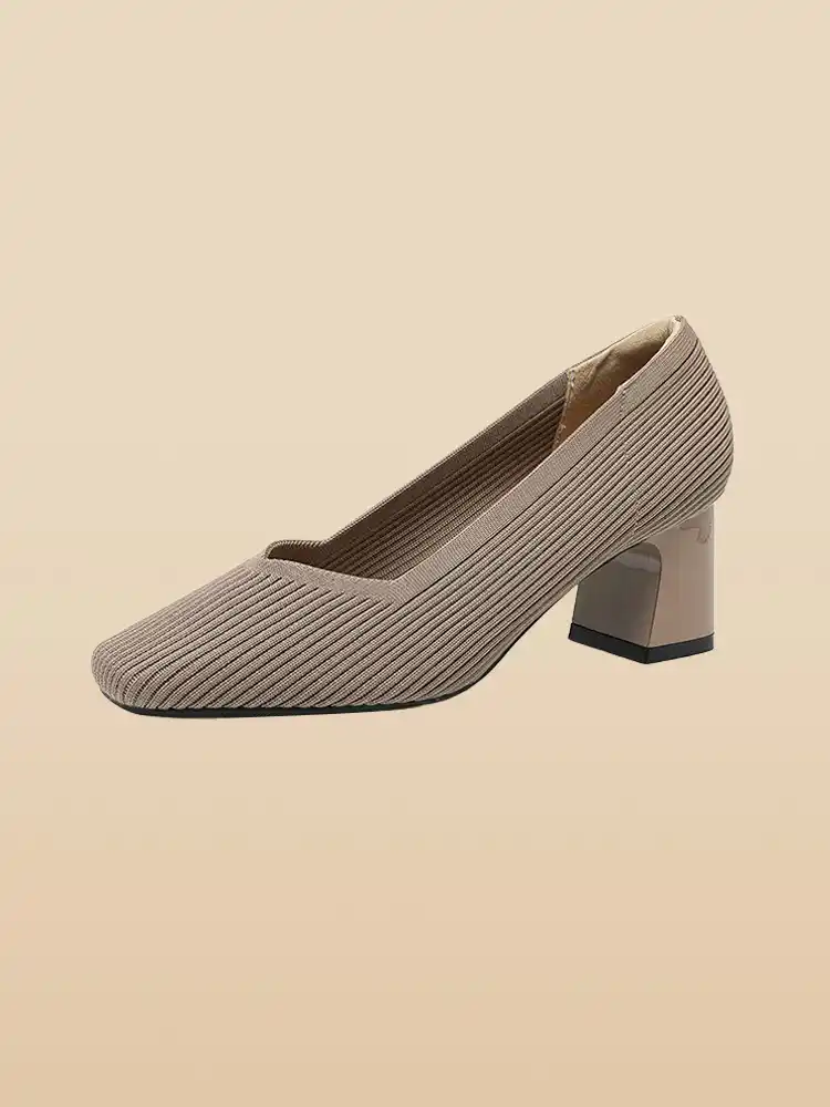 KENPOGEN ニットパンプス スクエアトゥシューズ 6cmUP チャンキーヒール Vカット 柔らかい 通勤