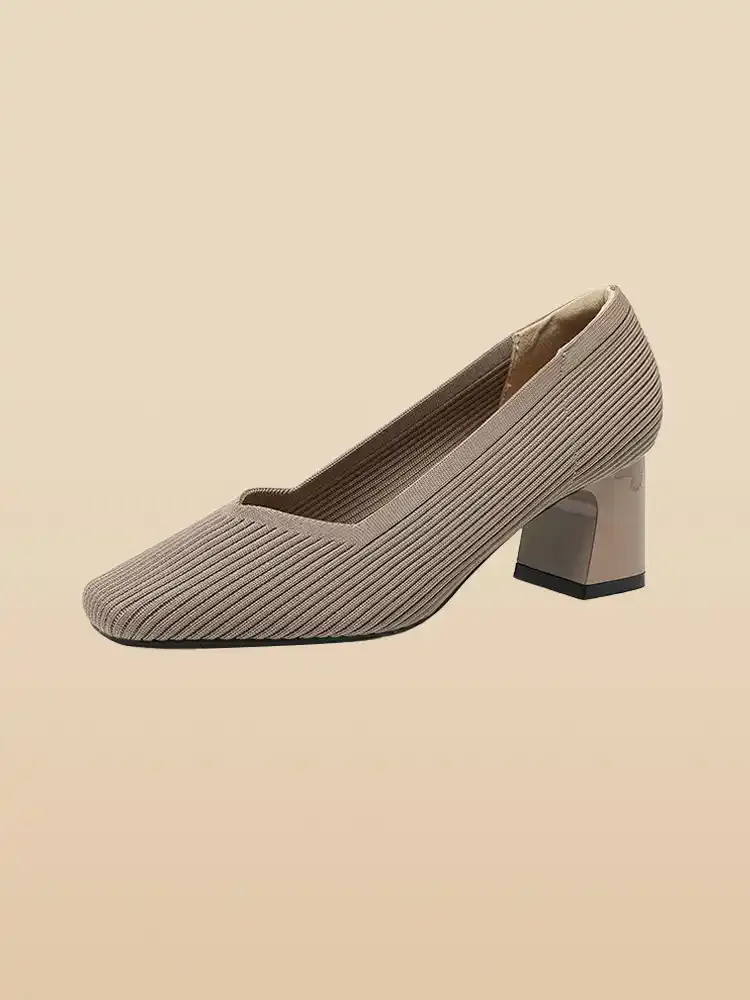 KENPOGEN ニットパンプス スクエアトゥシューズ 6cmUP チャンキーヒール Vカット 柔らかい 通勤