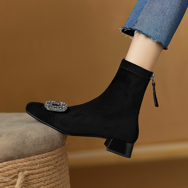 スクエアビジュー スエード調 裏起毛ショートブーツ