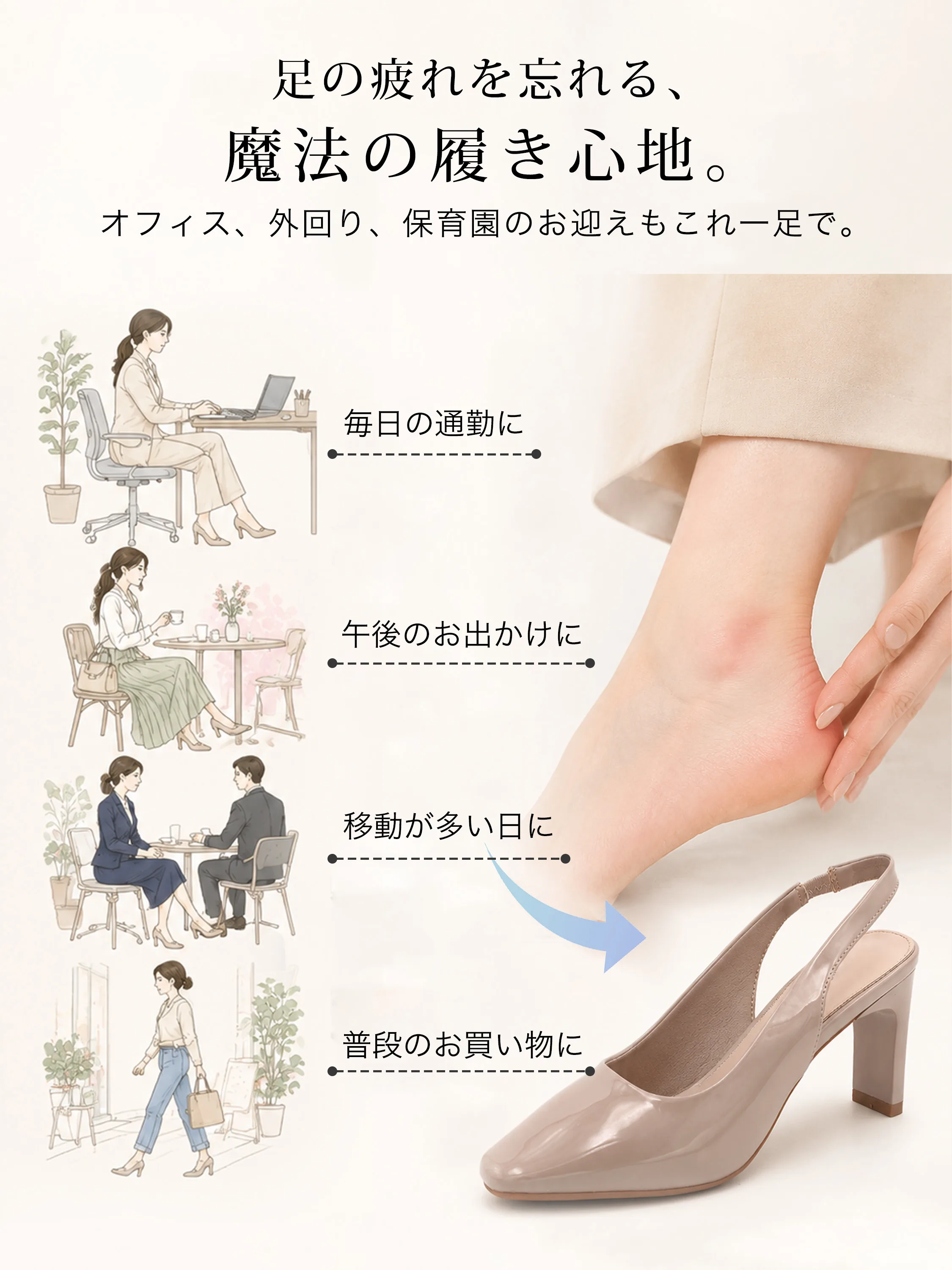 KENPOGEN晴雨兼用エナメルパンプス、毎日の通勤・外回り・保育園お迎え・お出かけまで対応できる万能サンダル