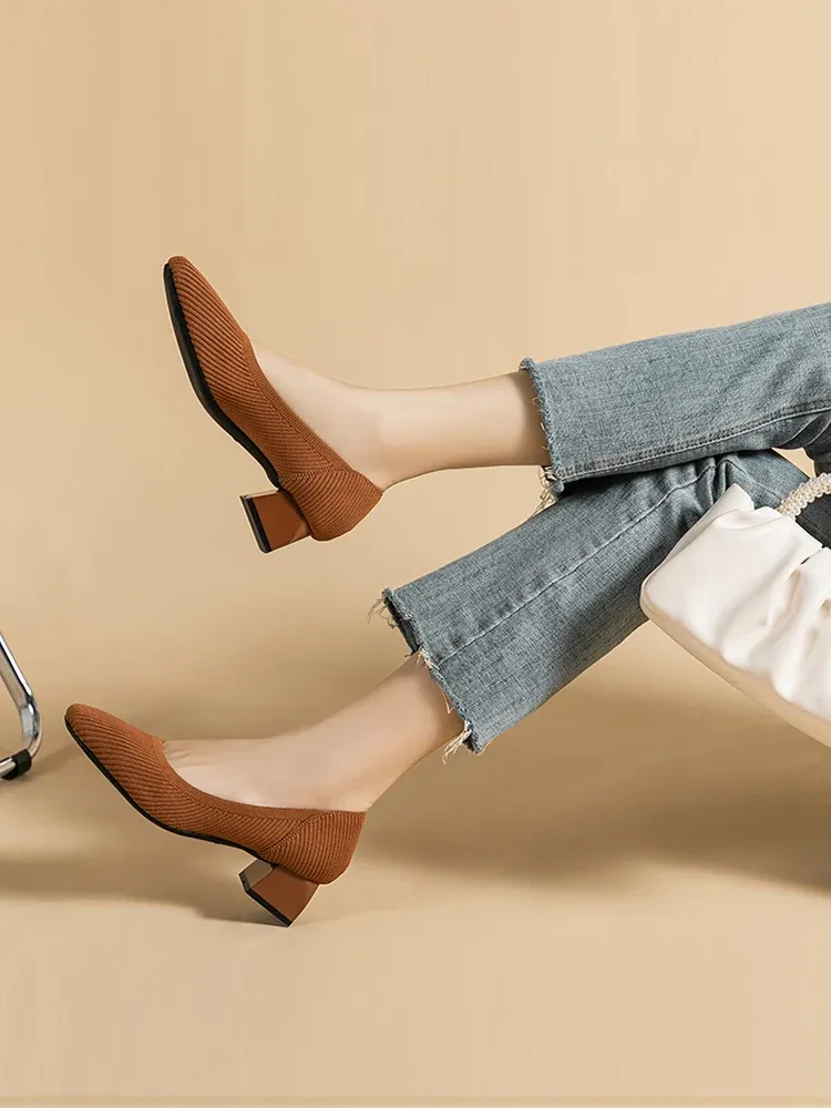 KENPOGEN ニットパンプス スクエアトゥ 4cmUP チャンキーヒール 疲れにくい 就活 通勤