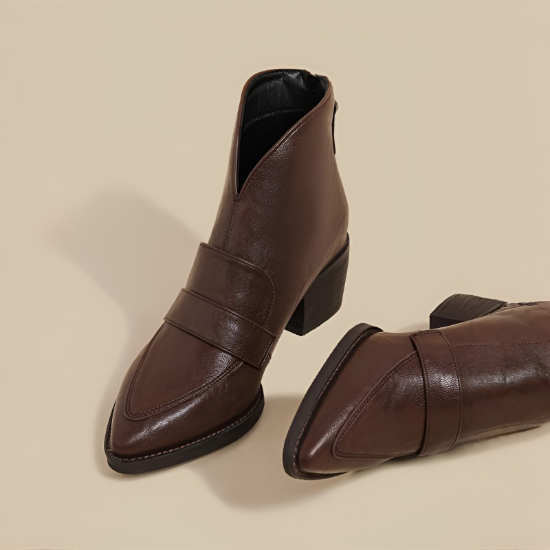 レトロ調 Vカット チャンキーヒールショートブーツ