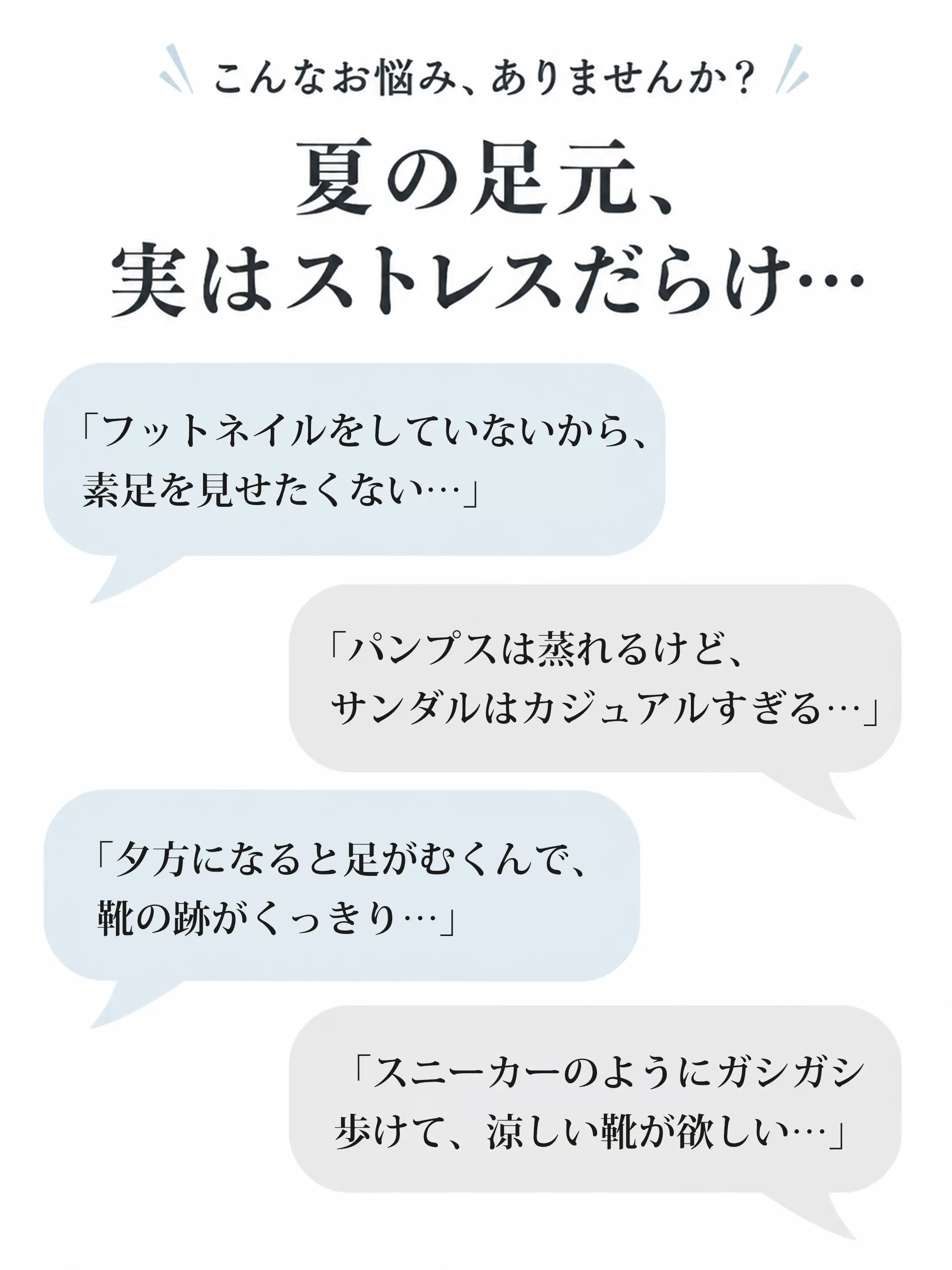 夏の足元の悩みを紹介するレディースサンダル訴求画像 蒸れ 外反母趾 むくみ 歩きやすさに対応