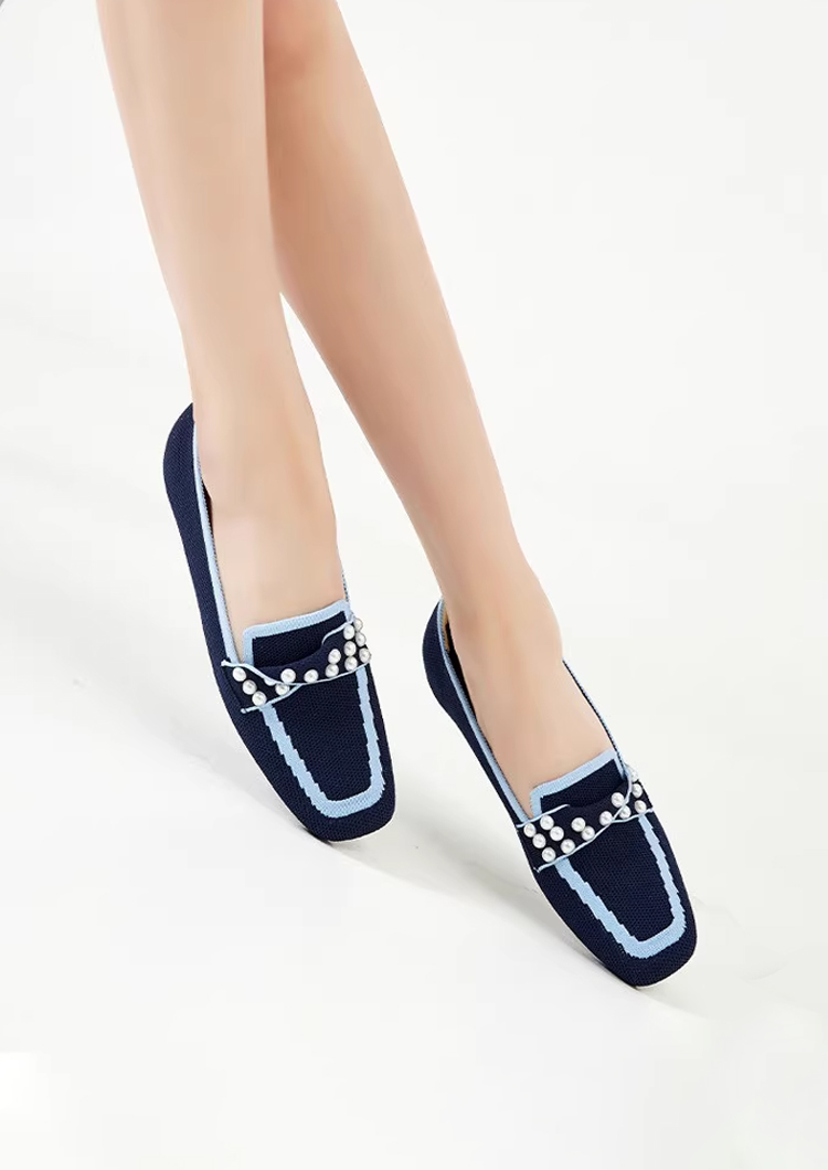 KENPOGEN ニットローファー スクエアトゥ パール飾り フラットシューズ 歩きやすい 滑りにくい 全6色展開 カジュアル オフィス