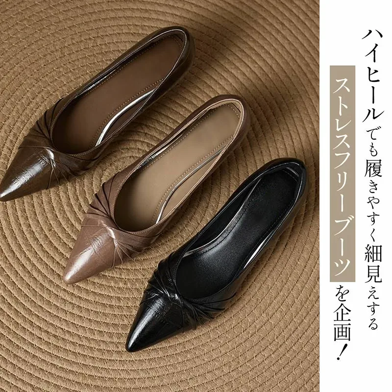 KENPOGEN 牛革パンプス ポインテッドトゥシューズ 4.5cmUP リボン 手作り 疲れにくい 通勤
