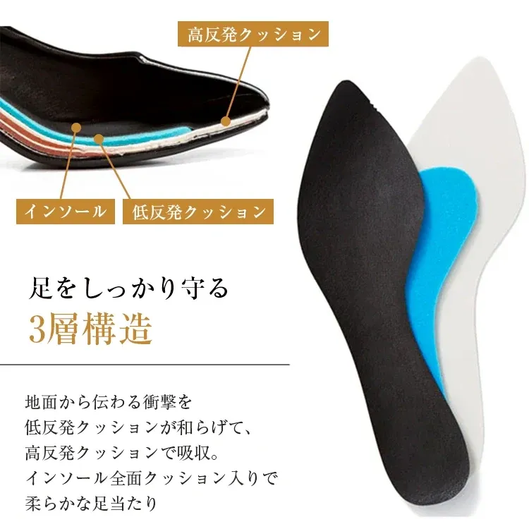 KENPOGEN バックルモチーフパンプス 羊革 手作り 4cmUP ポインテッドトゥシューズ 柔らかい 歩きやすい