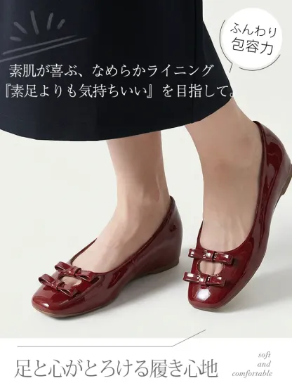 KENPOGEN ダブルリボンパンプス スクエアトゥシューズ インヒール 5cmUP エナメル 柔らか 通勤