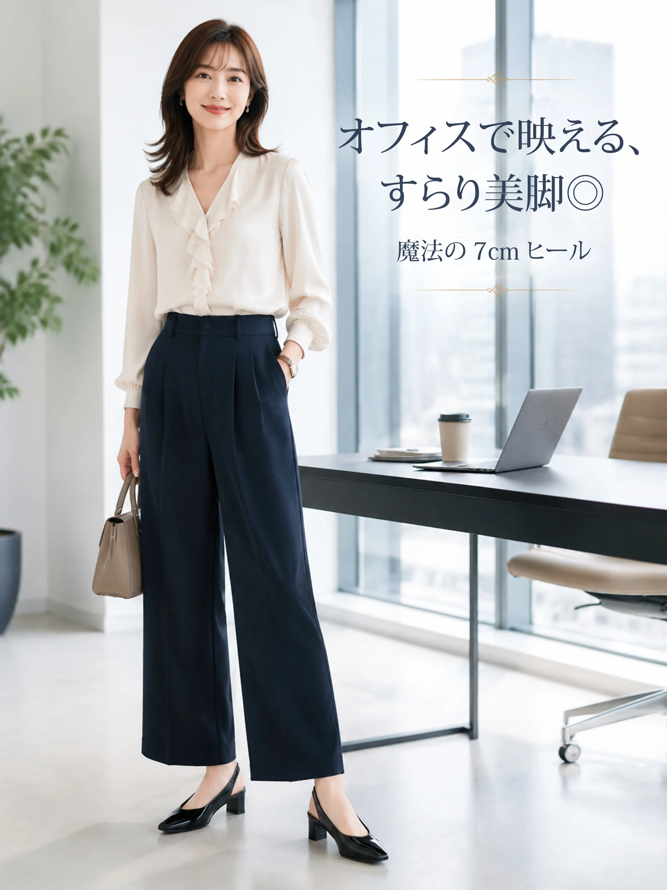 オフィスで映える、すらり美脚のKENPOGENパンプス。魔法の7cmヒールでパンツスタイルにもぴったり。
