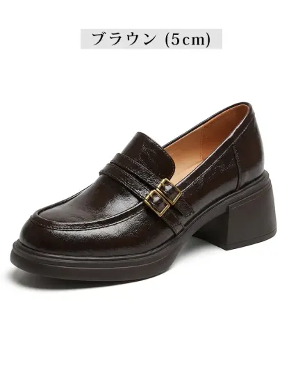 【安定感抜群・走れる太ヒール】KENPOGEN ダブルバックル ローファー 5cm 7.5cm 選べる高さ 痛くない 通勤 黒 スクエアトゥ
