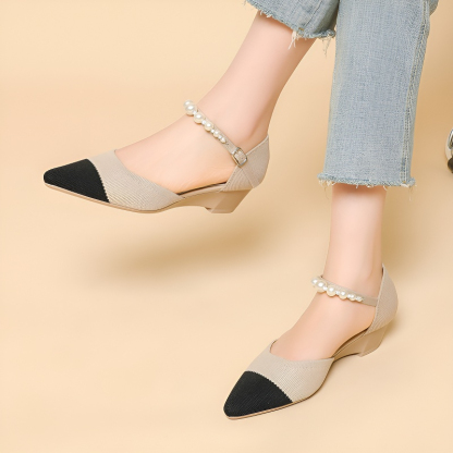 パールストラップ ウェッジソールニットパンプス