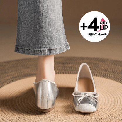 KENPOGEN バレエシューズ インヒールパンプス 4cmUP スクエアトゥ リボン 歩きやすい
