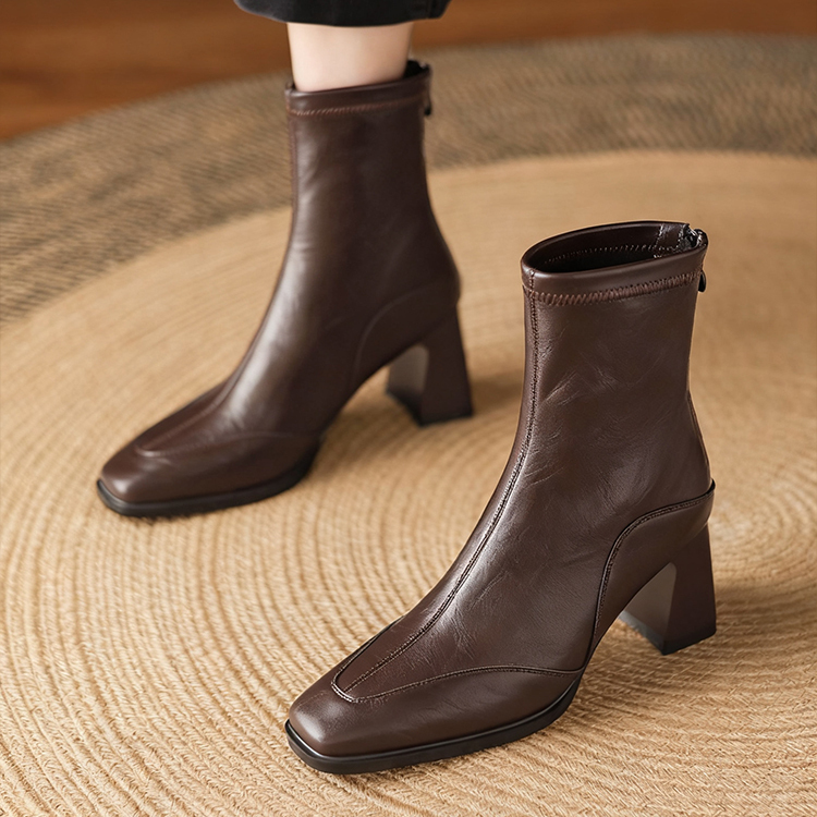 KENPOGEN スクエアトゥショートブーツ 5cm・7cmチャンキーヒール 美脚 歩きやすい 高見え 秋 冬