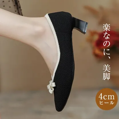 KENPOGEN ニットパンプス ポインテッドトゥシューズ 4cmUP リボン Vカット 柔らかい